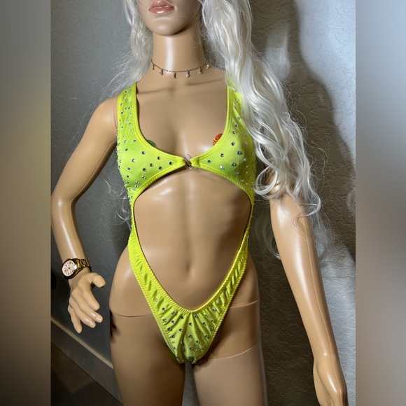 Neon Yellow Rhinestone One Piece - Picture 4 of 7